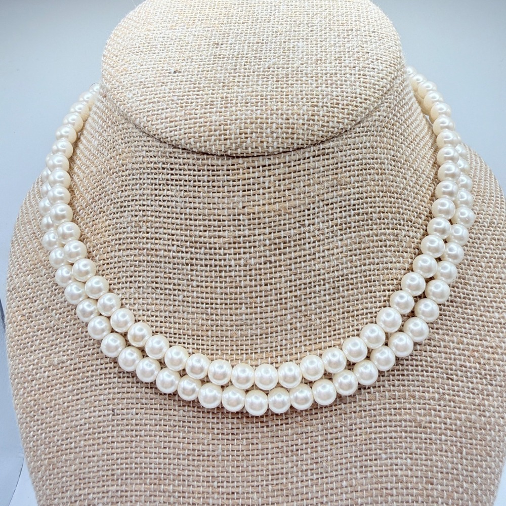 Vintage Napier White Faux Pearl Double Strand Beaded Choker Necklace 13"